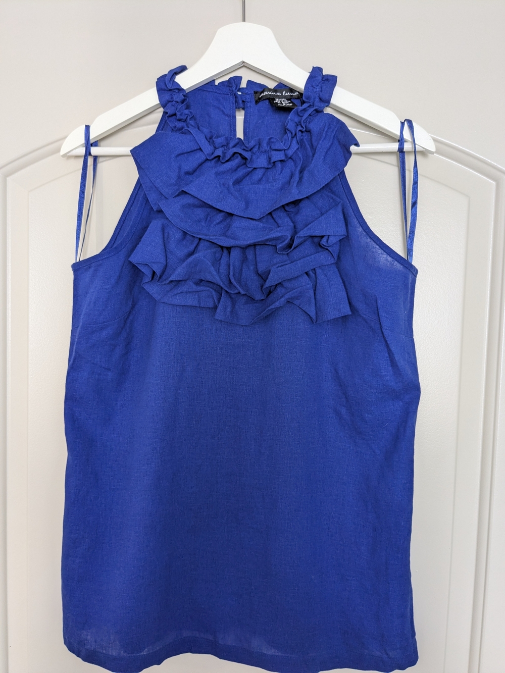Marina Luna Size S Royal Blue Linen Blend Ruffle Halter Tank NWT